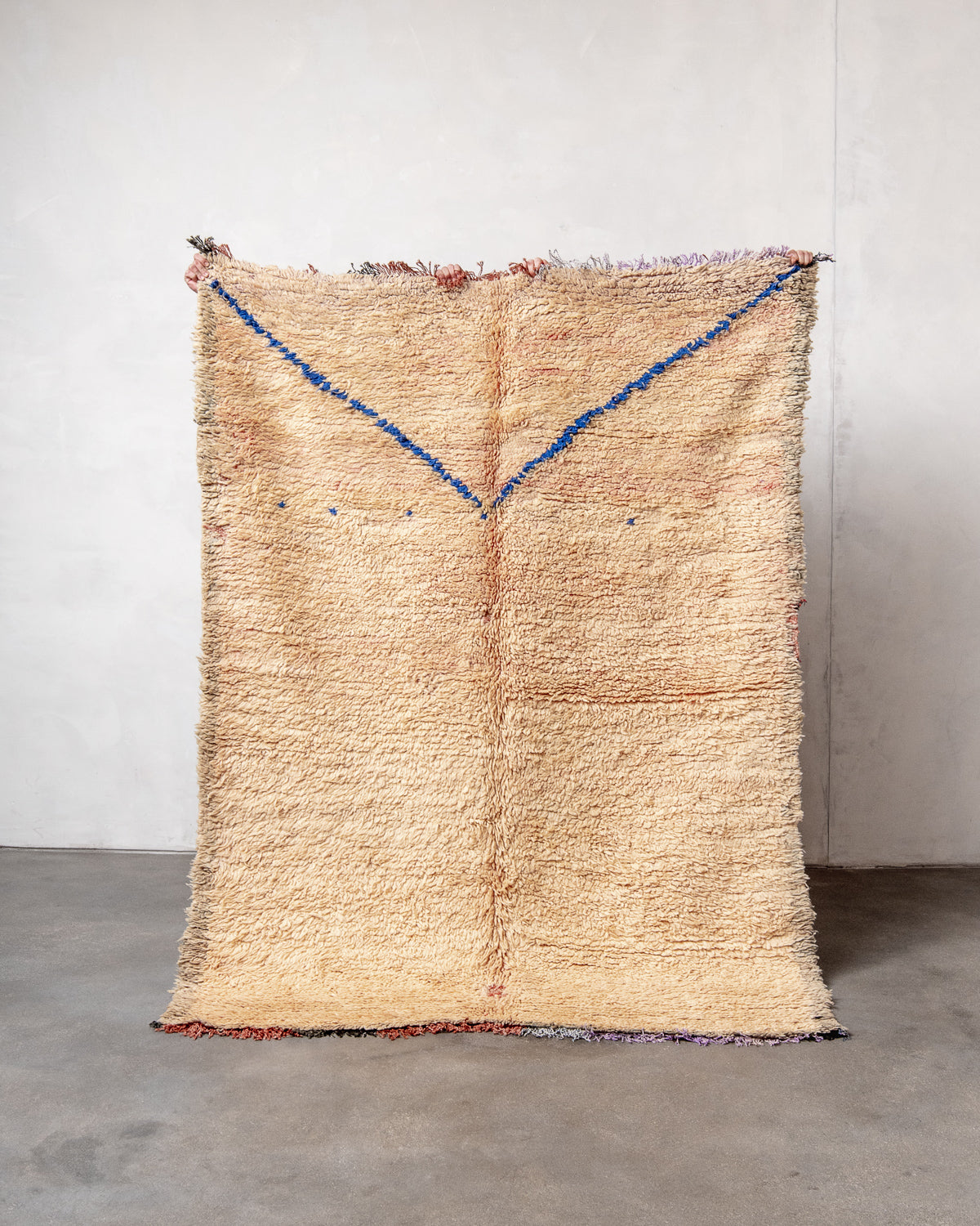 Modern, designer, handcrafted Berber rug from Morocco. Vintage carpet with beautiful colours and patterns and fluffy texture.