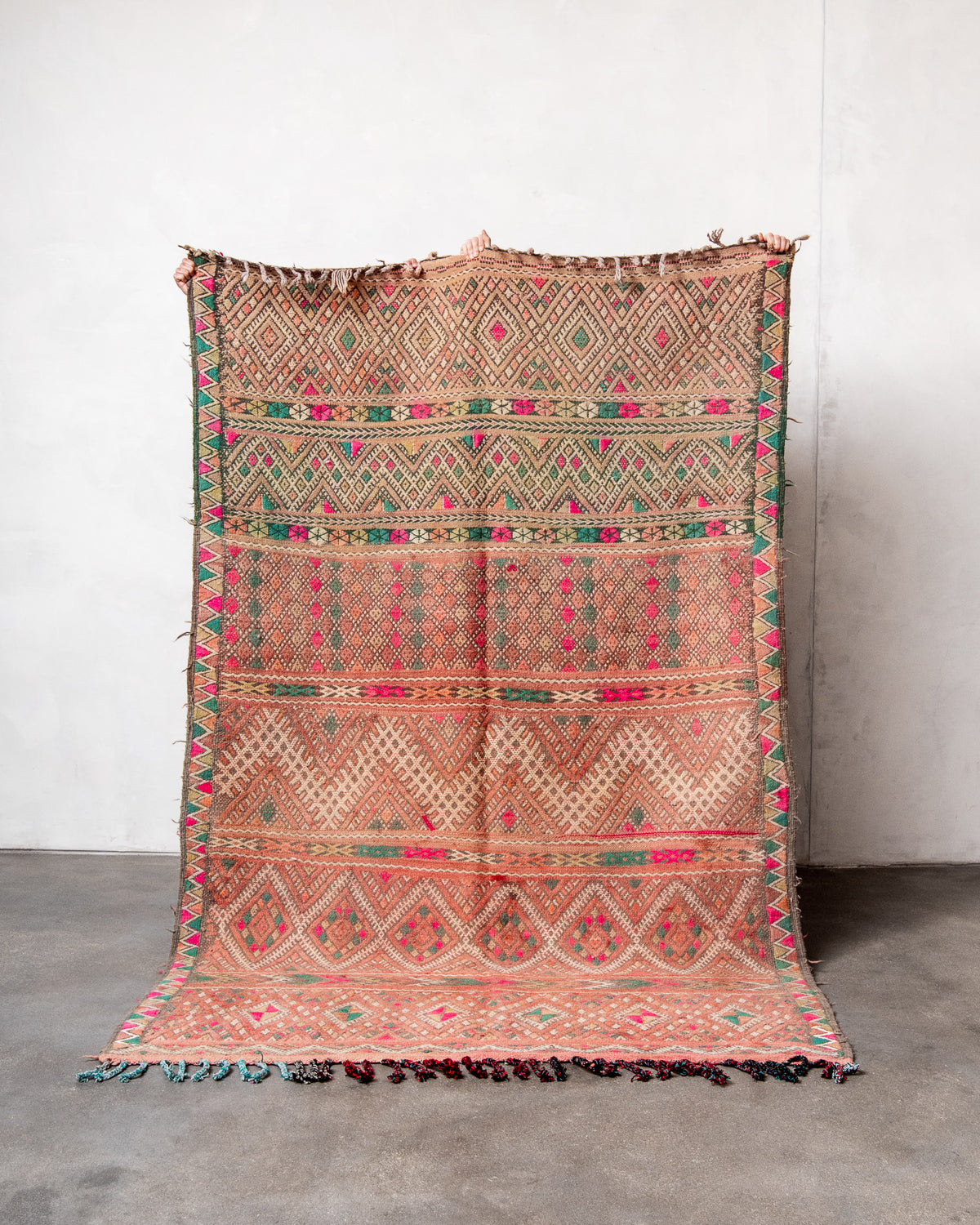 Modern, designer, handcrafted Berber rug from Morocco. Vintage Kelim carpet with beautiful designs and robust flat weave.