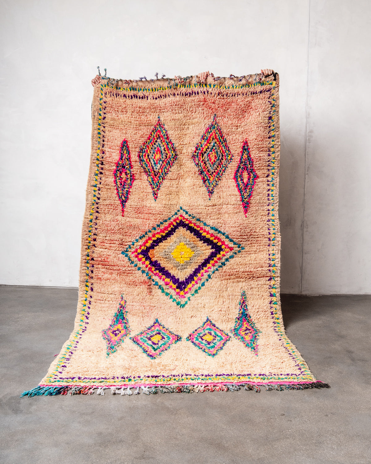 Modern, designer, handcrafted Berber rug from Morocco. Vintage carpet with beautiful colours and patterns and fluffy texture.