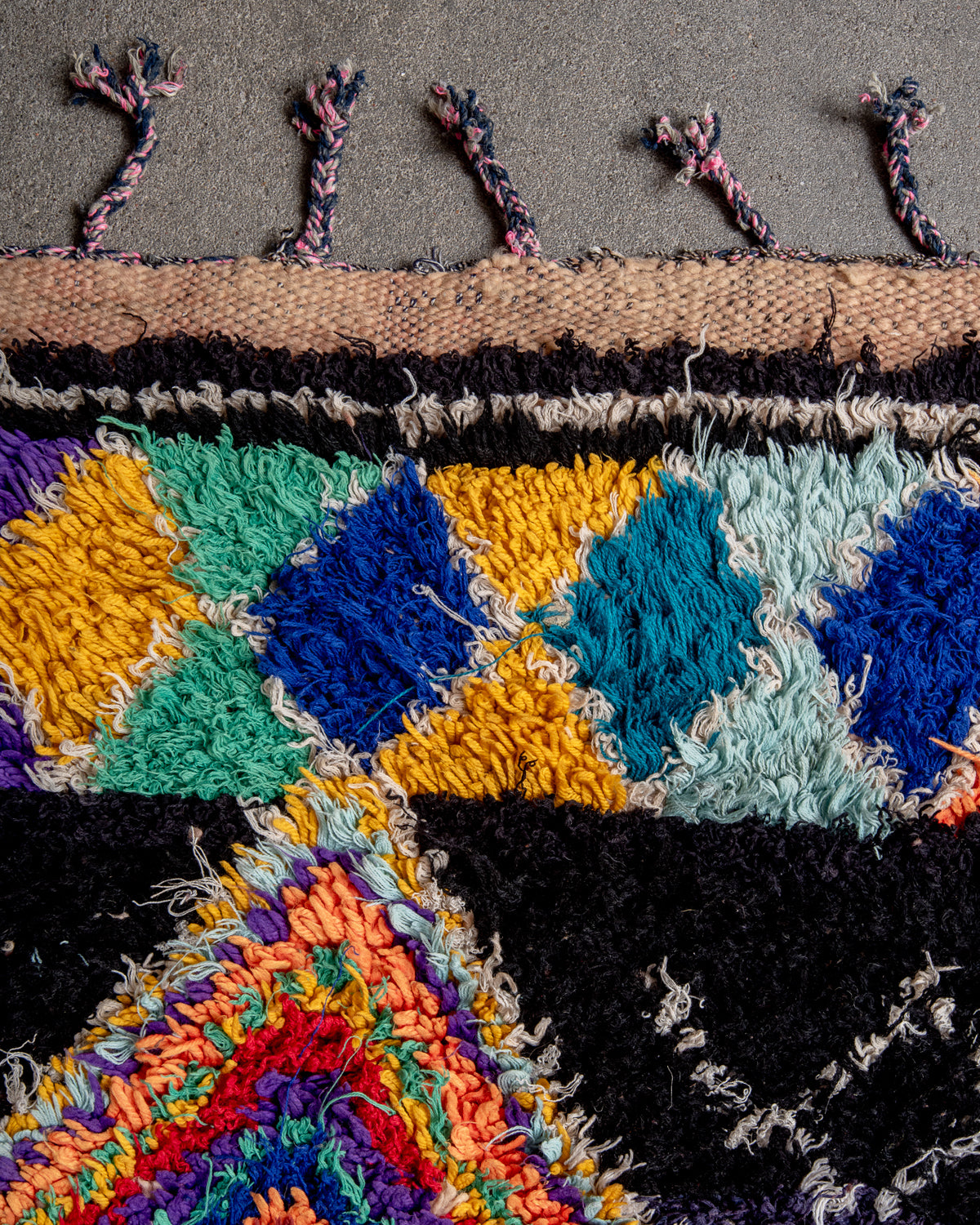 Modern, designer, handcrafted Berber rug from Morocco. Vintage carpet with beautiful colours and patterns and fluffy texture.