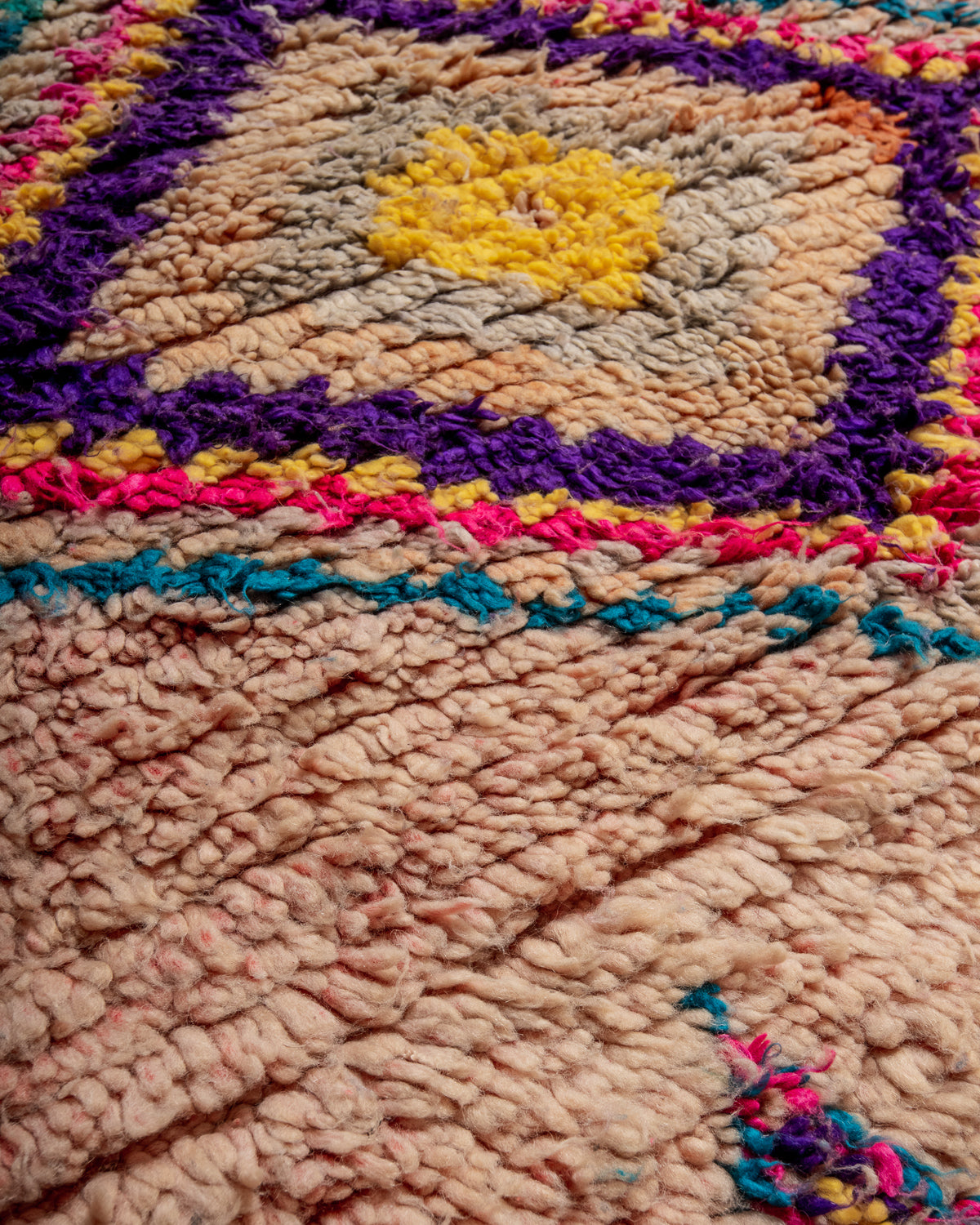 Modern, designer, handcrafted Berber rug from Morocco. Vintage carpet with beautiful colours and patterns and fluffy texture.