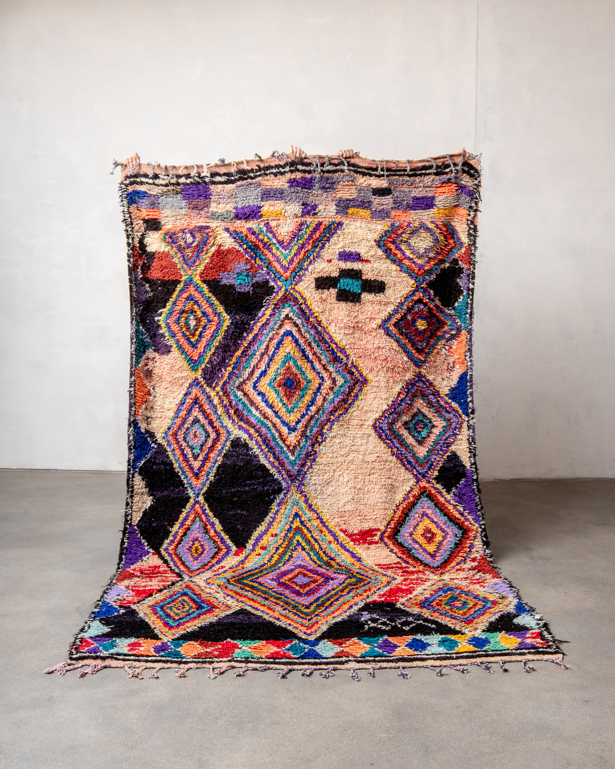 Modern, designer, handcrafted Berber rug from Morocco. Vintage carpet with beautiful colours and patterns and fluffy texture.