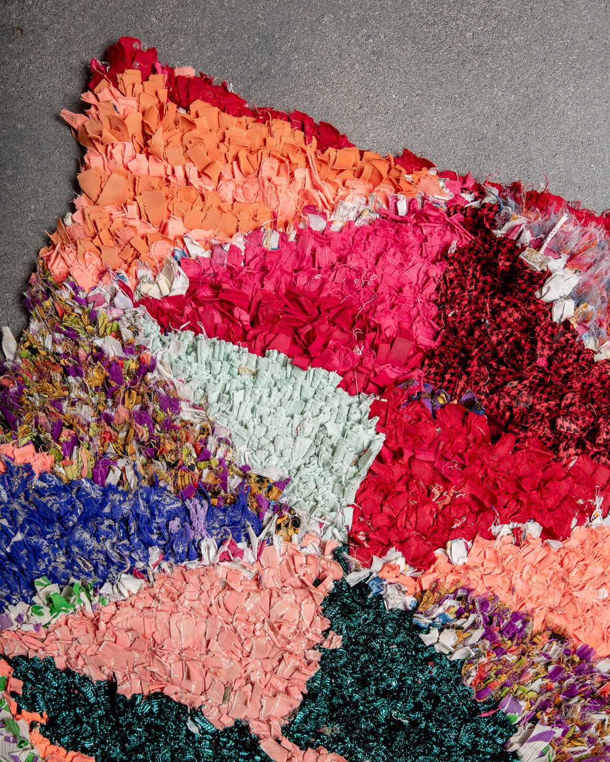 Modern designer vintage handcrafted Berber rug from Morocco. Boucherouite with beautiful colors and patterns.