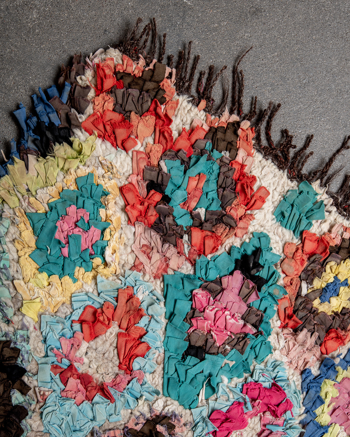 Modern designer vintage handcrafted Berber rug from Morocco. Boucherouite with beautiful colors and patterns.