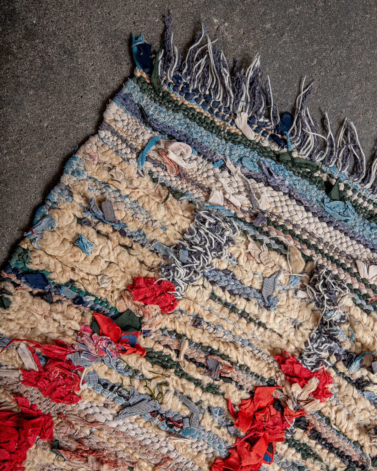 Modern designer vintage handcrafted Berber rug from Morocco. Boucherouite runner rug with beautiful colors and patterns.