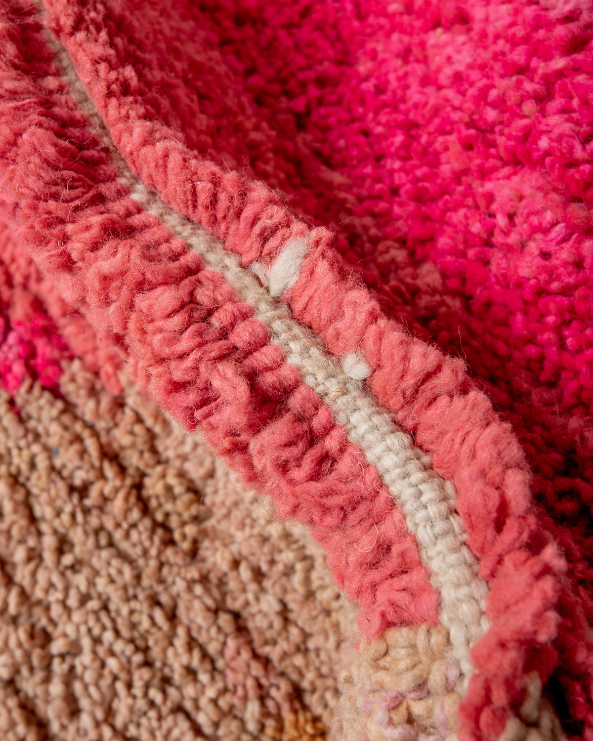 Modern, designer, handcrafted Berber rug from Morocco. Vintage carpet with beautiful colours and patterns and fluffy texture.