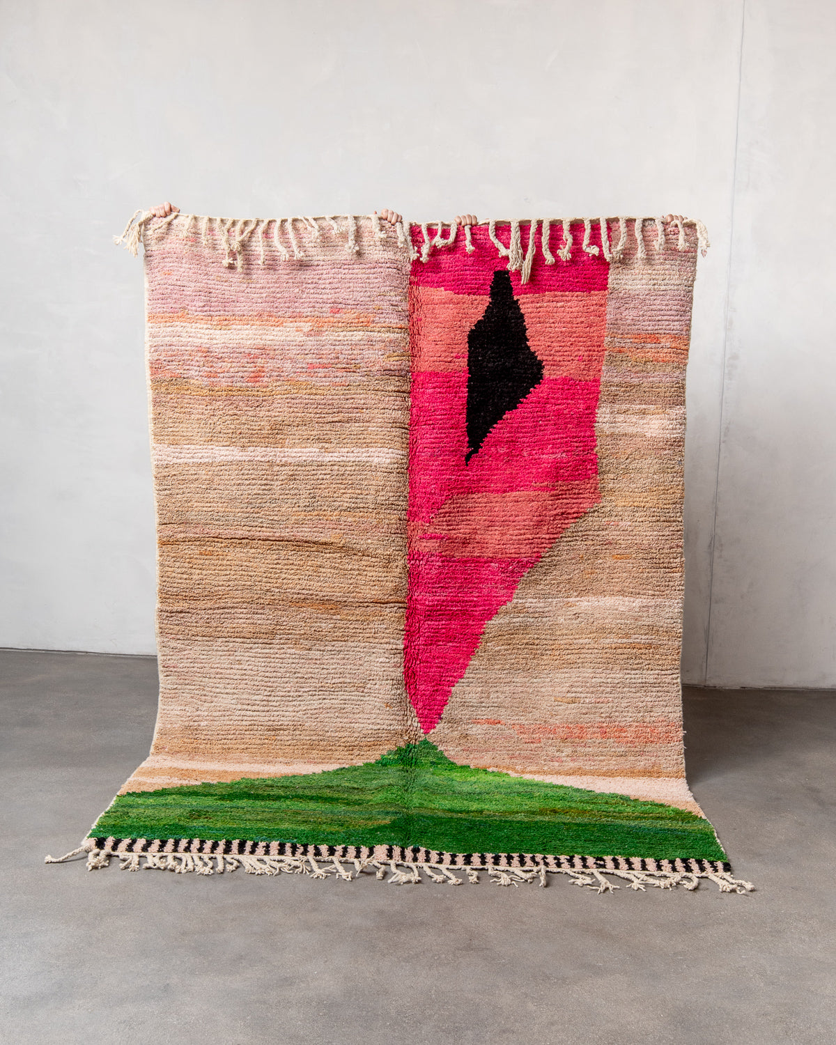 Modern, designer, handcrafted Berber rug from Morocco. Vintage carpet with beautiful colours and patterns and fluffy texture.