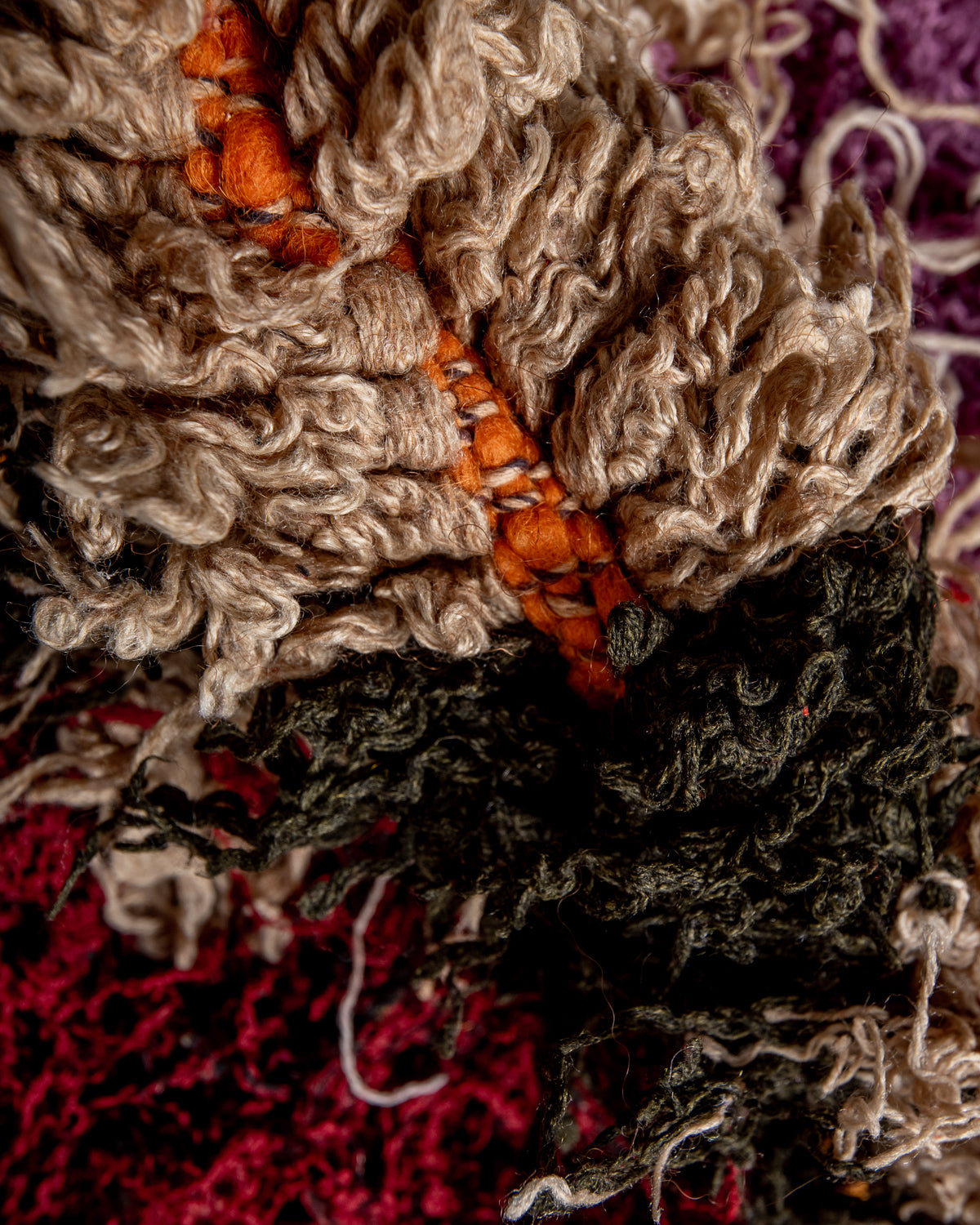 Modern designer vintage handcrafted Berber rug from Morocco. Boucherouite with beautiful colors and patterns.