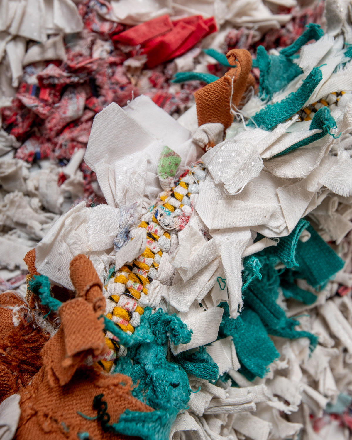 Modern designer vintage handcrafted Berber rug from Morocco. Boucherouite with beautiful colors and patterns.