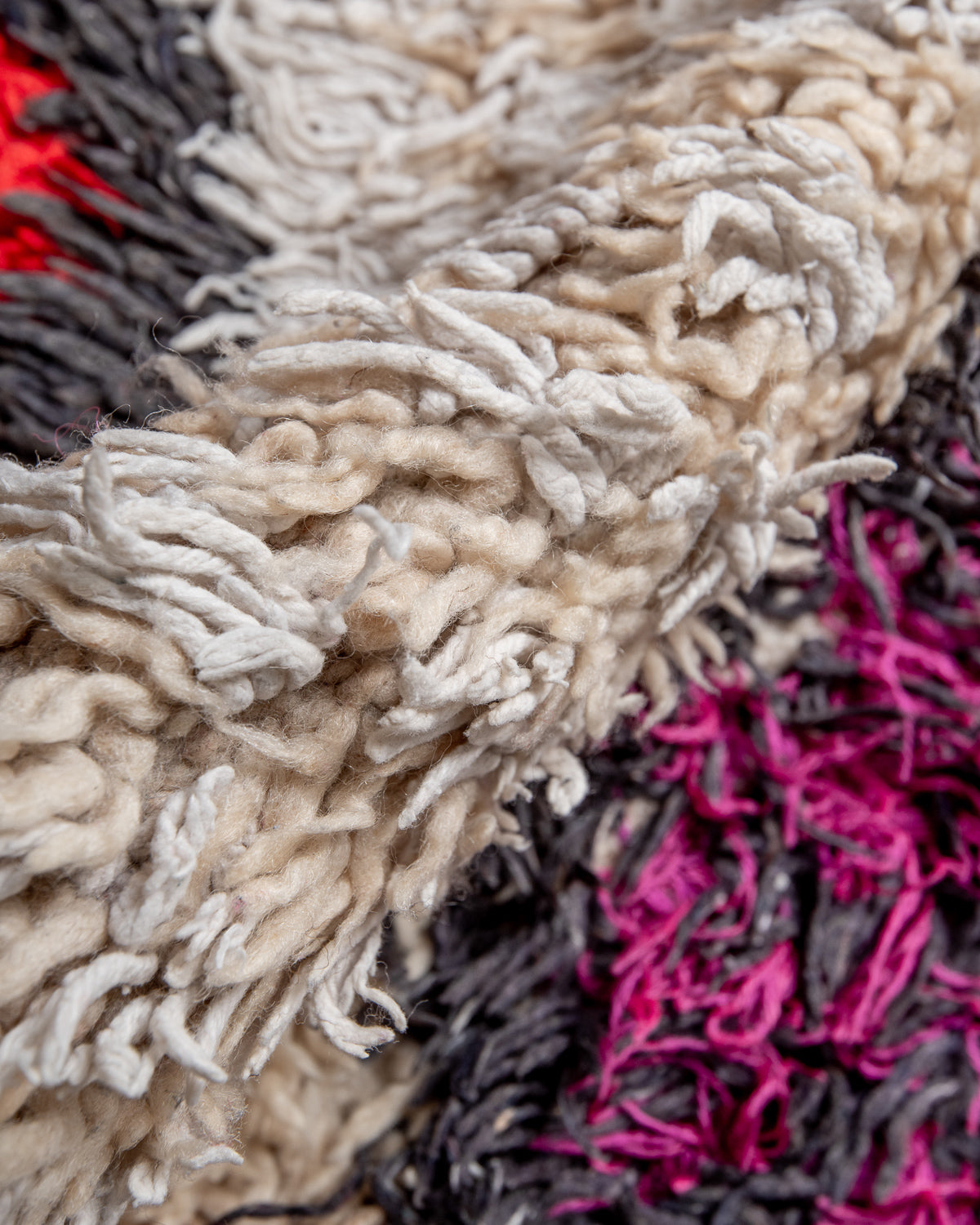 Modern designer vintage handcrafted Berber rug from Morocco. Boucherouite with beautiful colors and patterns.