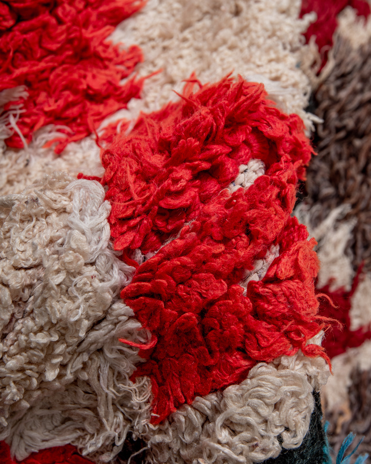 Modern designer vintage handcrafted Berber rug from Morocco. Boucherouite with beautiful colors and patterns.