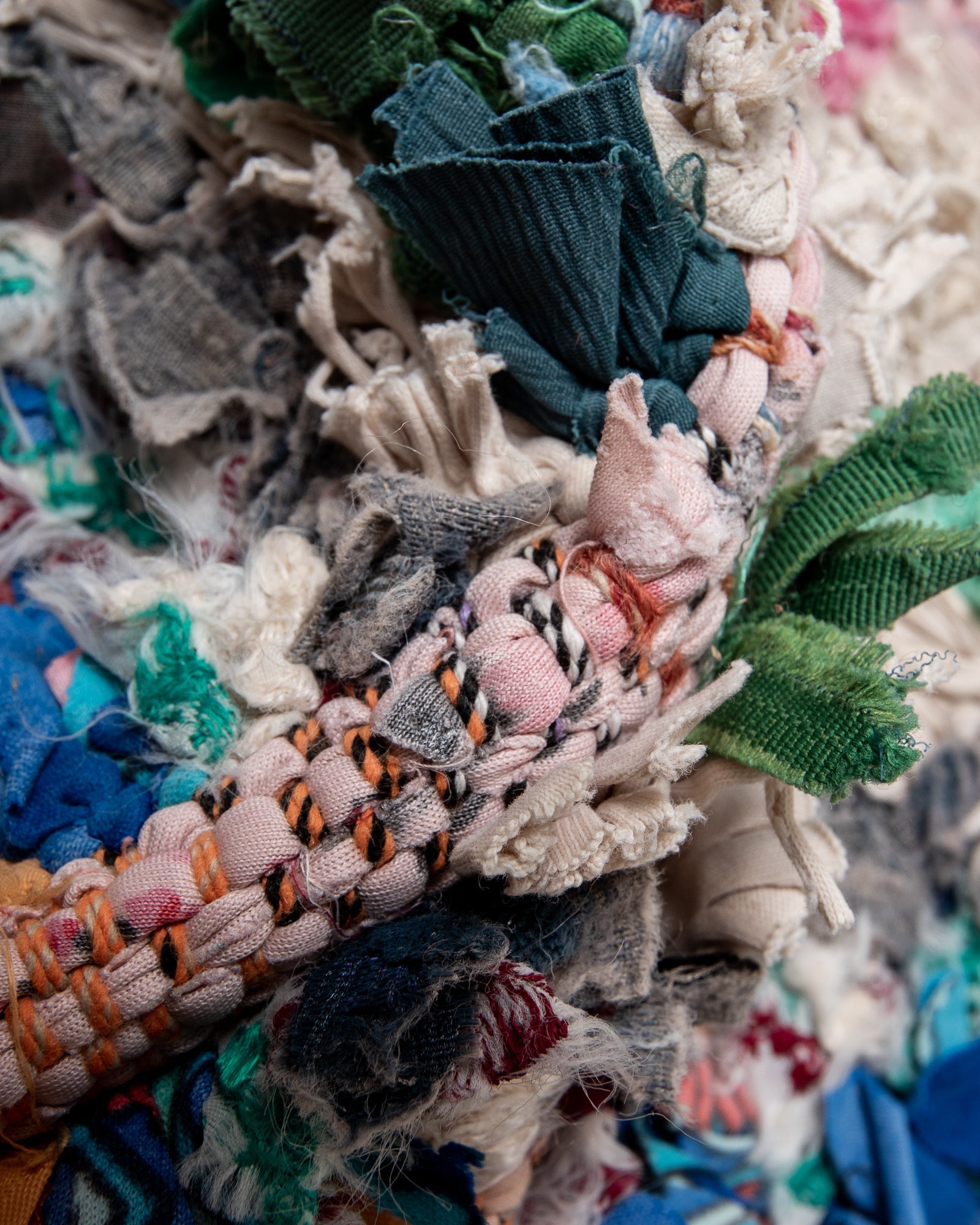 Modern designer vintage handcrafted cotton Berber rug from Morocco. Boucherouite with beautiful colors and patterns.