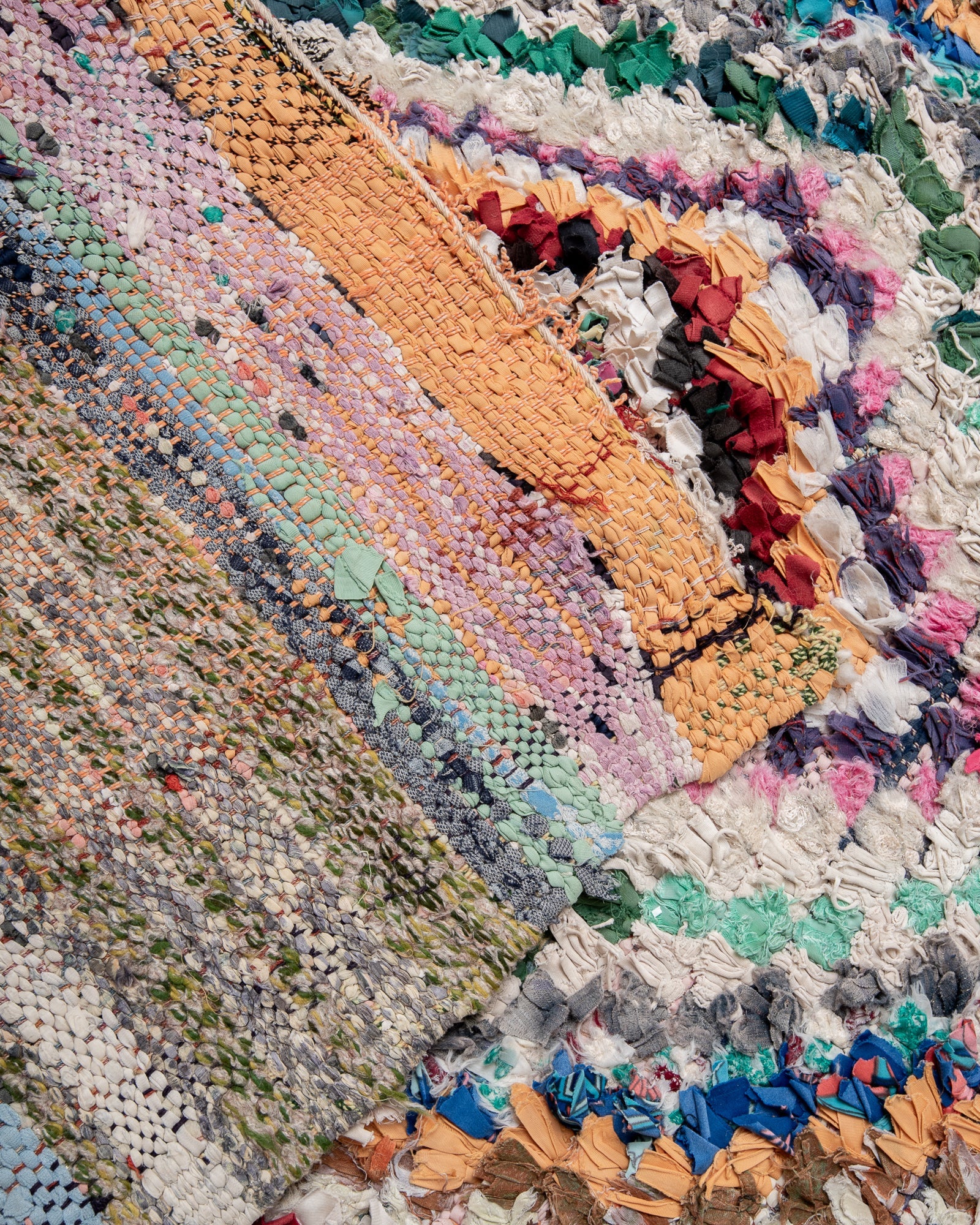 Modern designer vintage handcrafted cotton Berber rug from Morocco. Boucherouite with beautiful colors and patterns.