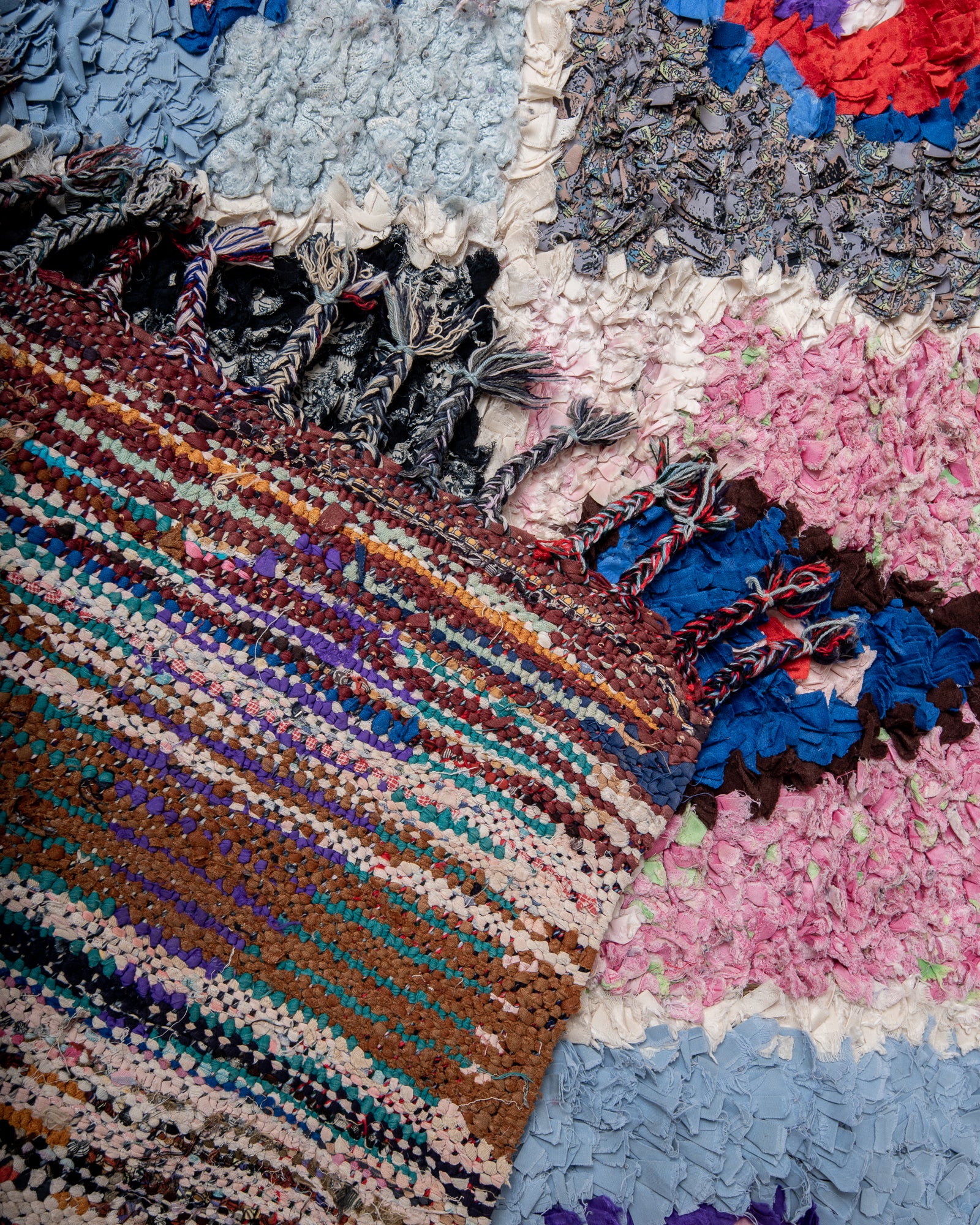 Modern designer vintage handcrafted cotton Berber rug from Morocco. Boucherouite with beautiful colors and patterns.