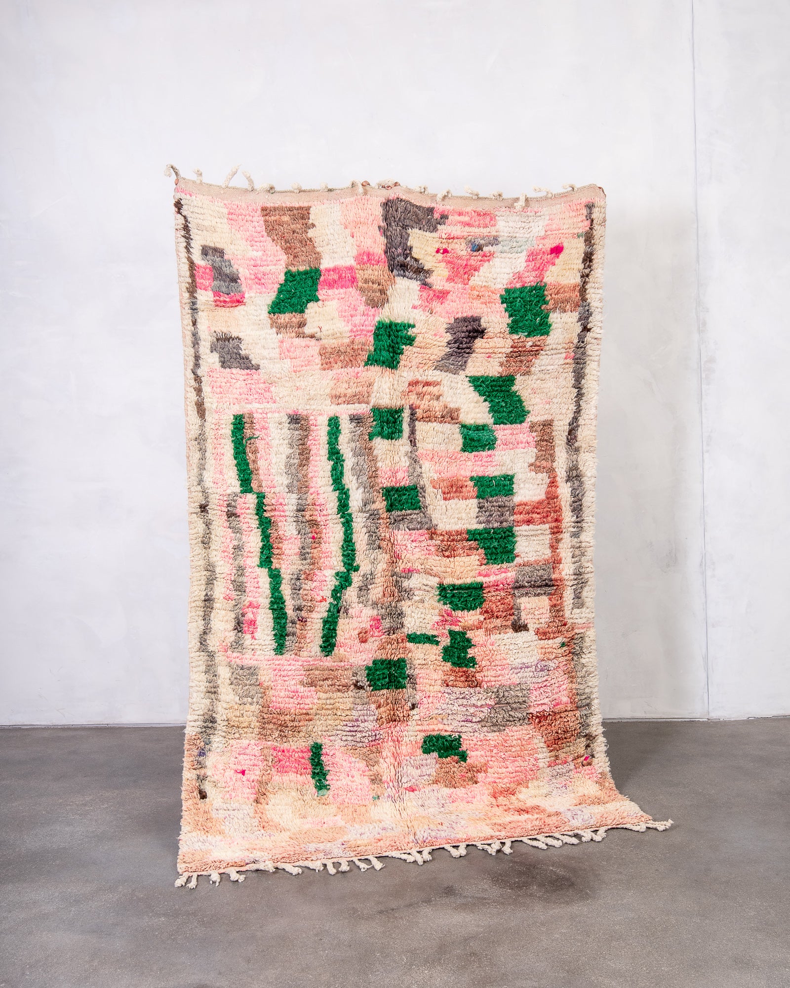 Modern, designer, handcrafted Berber rug from Morocco. Vintage carpet with beautiful colours and patterns and fluffy texture.