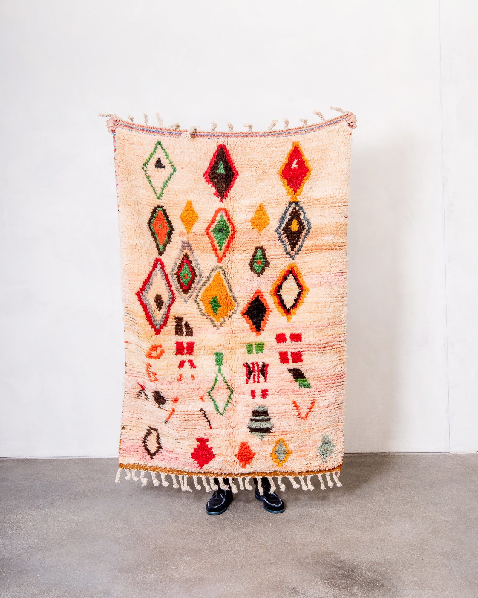 Modern, designer, handcrafted Berber rug from Morocco. Vintage carpet with beautiful colours and patterns and fluffy wool texture.