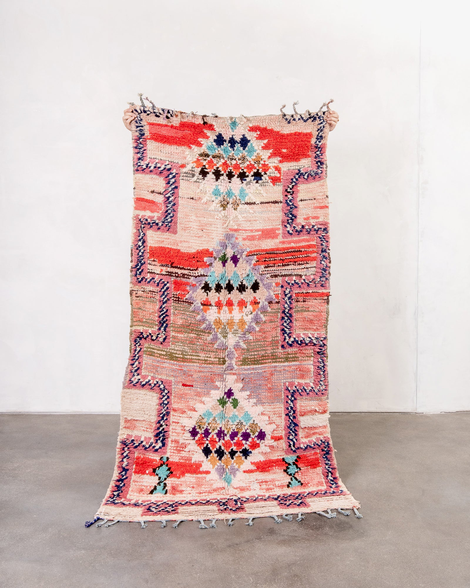 Modern, designer, handcrafted Berber rug from Morocco. Vintage carpet with beautiful colours and patterns and fluffy wool texture.