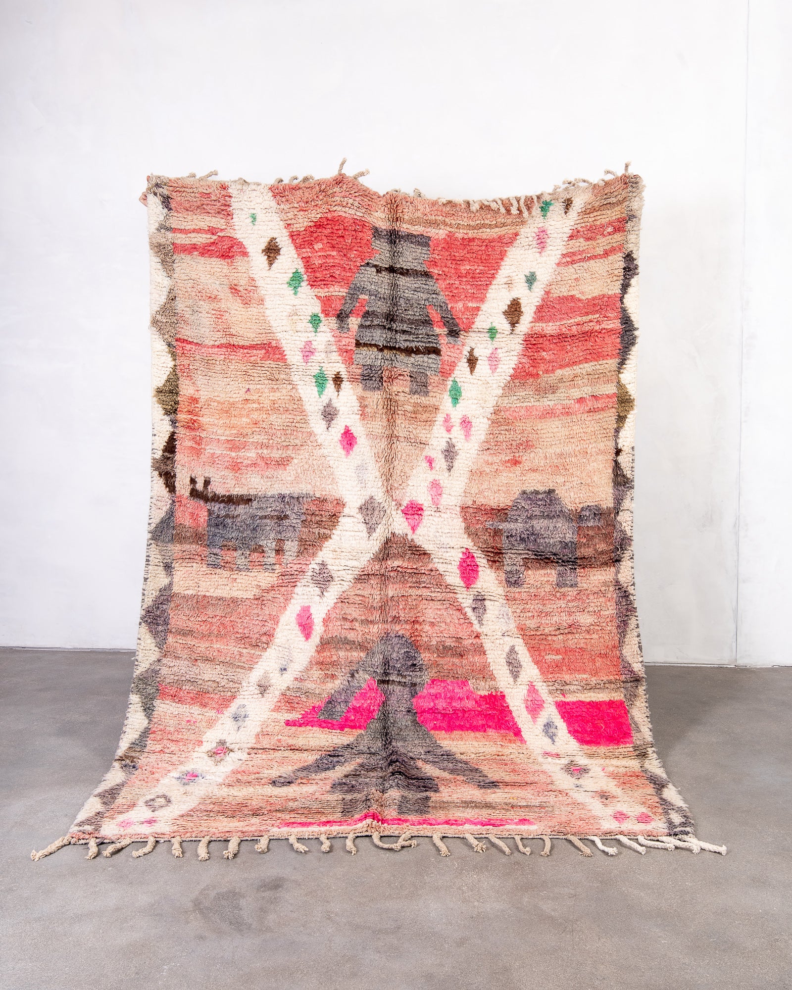 Modern, designer, handcrafted Berber rug from Morocco. Vintage carpet with beautiful colours and patterns and fluffy texture.