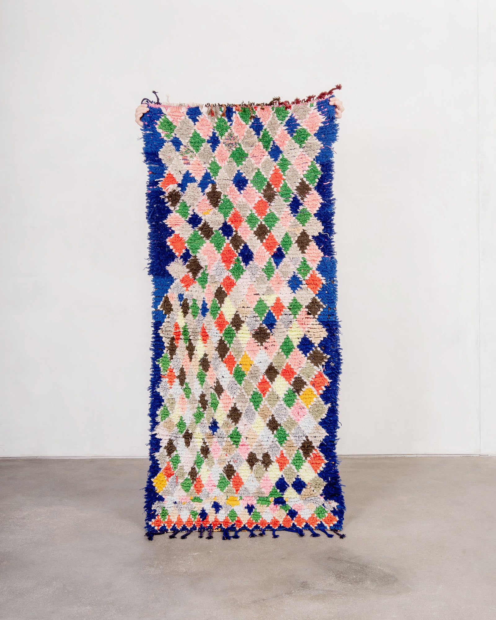 Modern, designer, handcrafted Berber rug from Morocco. Vintage carpet with beautiful colours and patterns and fluffy wool texture.