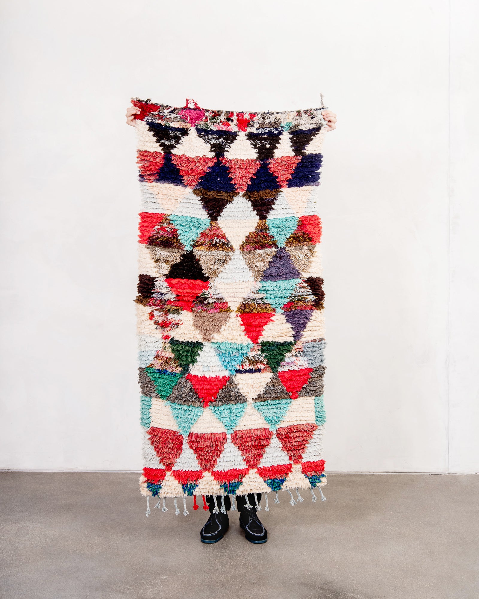 Modern, designer, handcrafted Berber rug from Morocco. Vintage carpet with beautiful colours and patterns and fluffy wool texture.