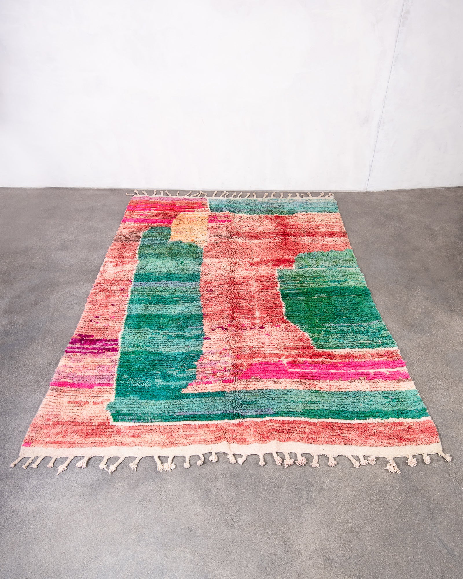 Modern, designer, handcrafted Berber rug from Morocco. Vintage carpet with beautiful colours and patterns and fluffy texture.
