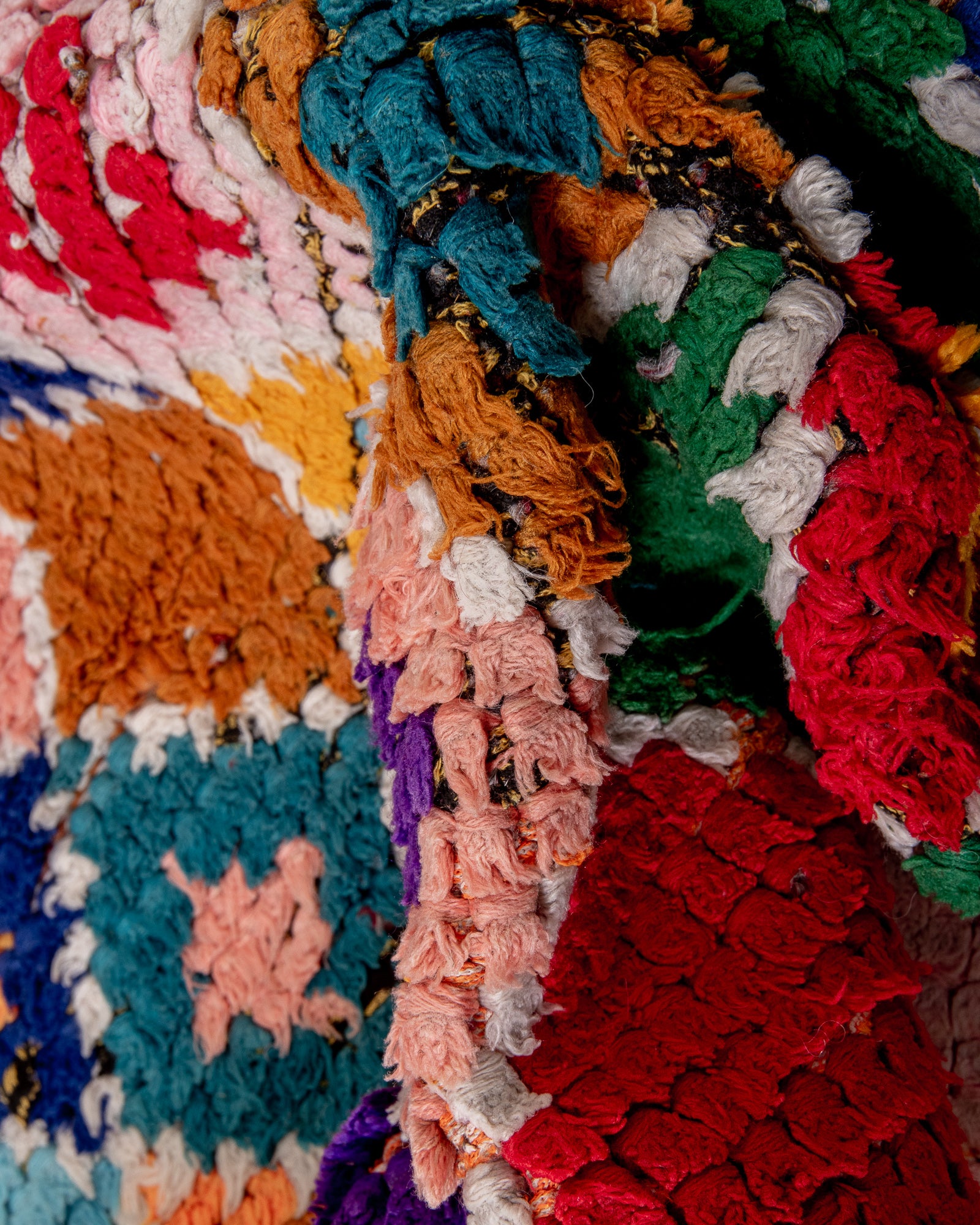 Modern, designer, handcrafted Berber rug from Morocco. Vintage carpet with beautiful colours and patterns and fluffy wool texture.