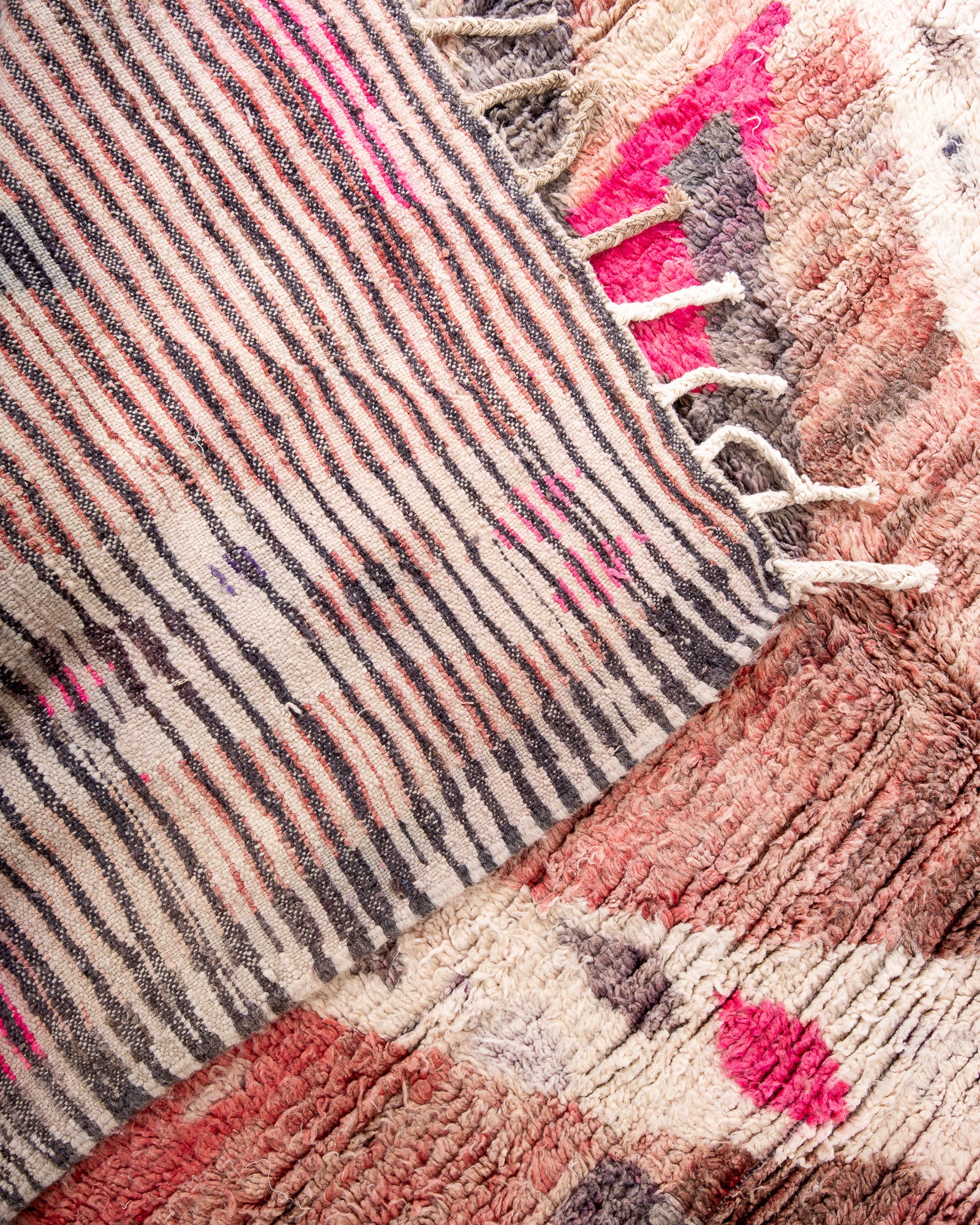 Modern, designer, handcrafted Berber rug from Morocco. Vintage carpet with beautiful colours and patterns and fluffy texture.