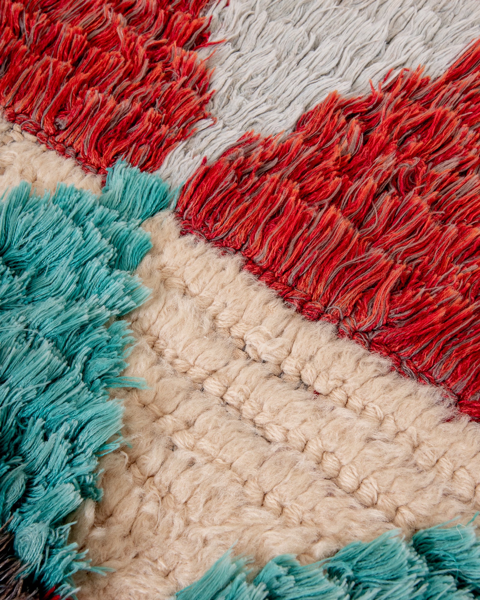 Modern, designer, handcrafted Berber rug from Morocco. Vintage carpet with beautiful colours and patterns and fluffy wool texture.