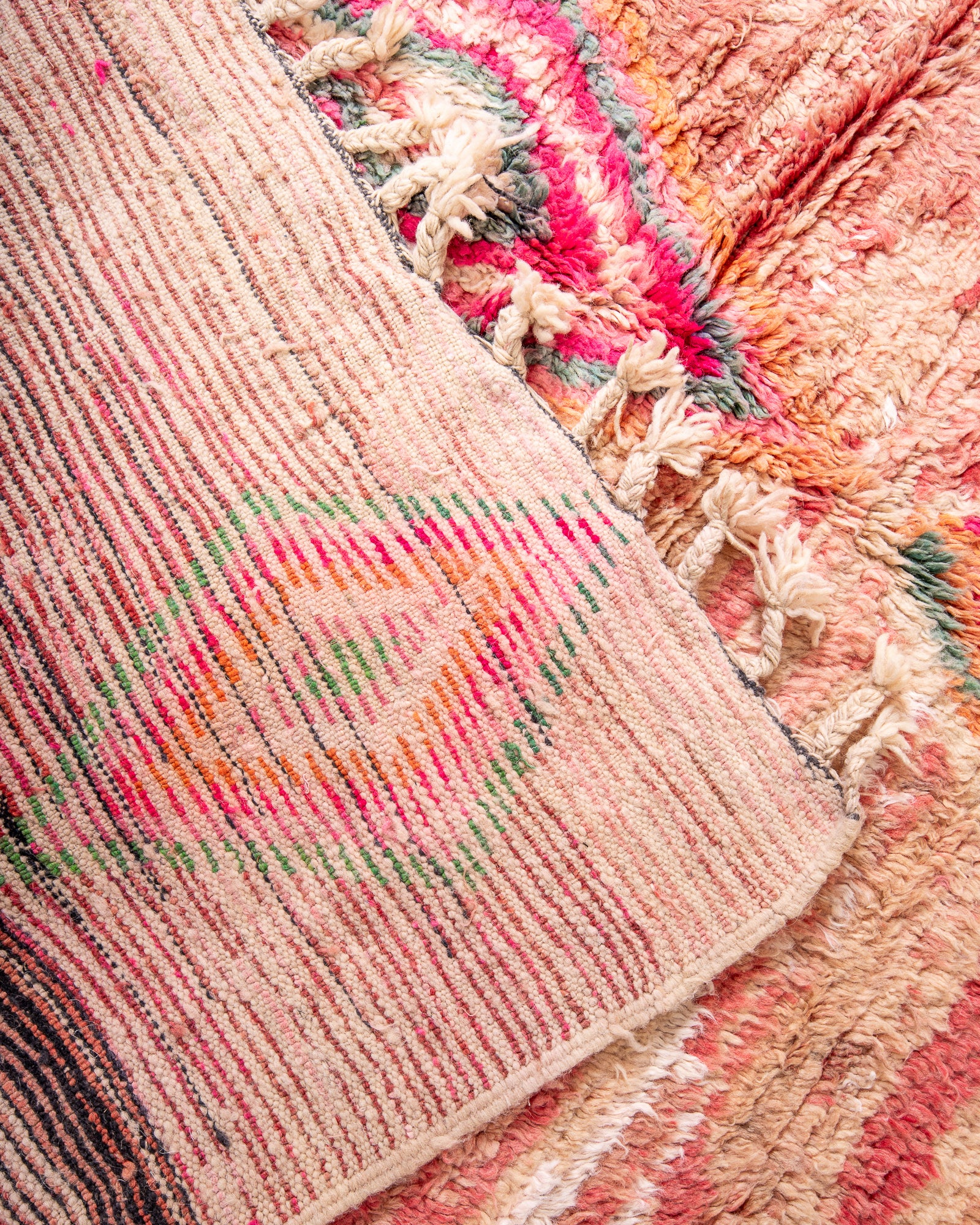 Modern, designer, handcrafted Berber rug from Morocco. Vintage carpet with beautiful colours and patterns and fluffy texture.