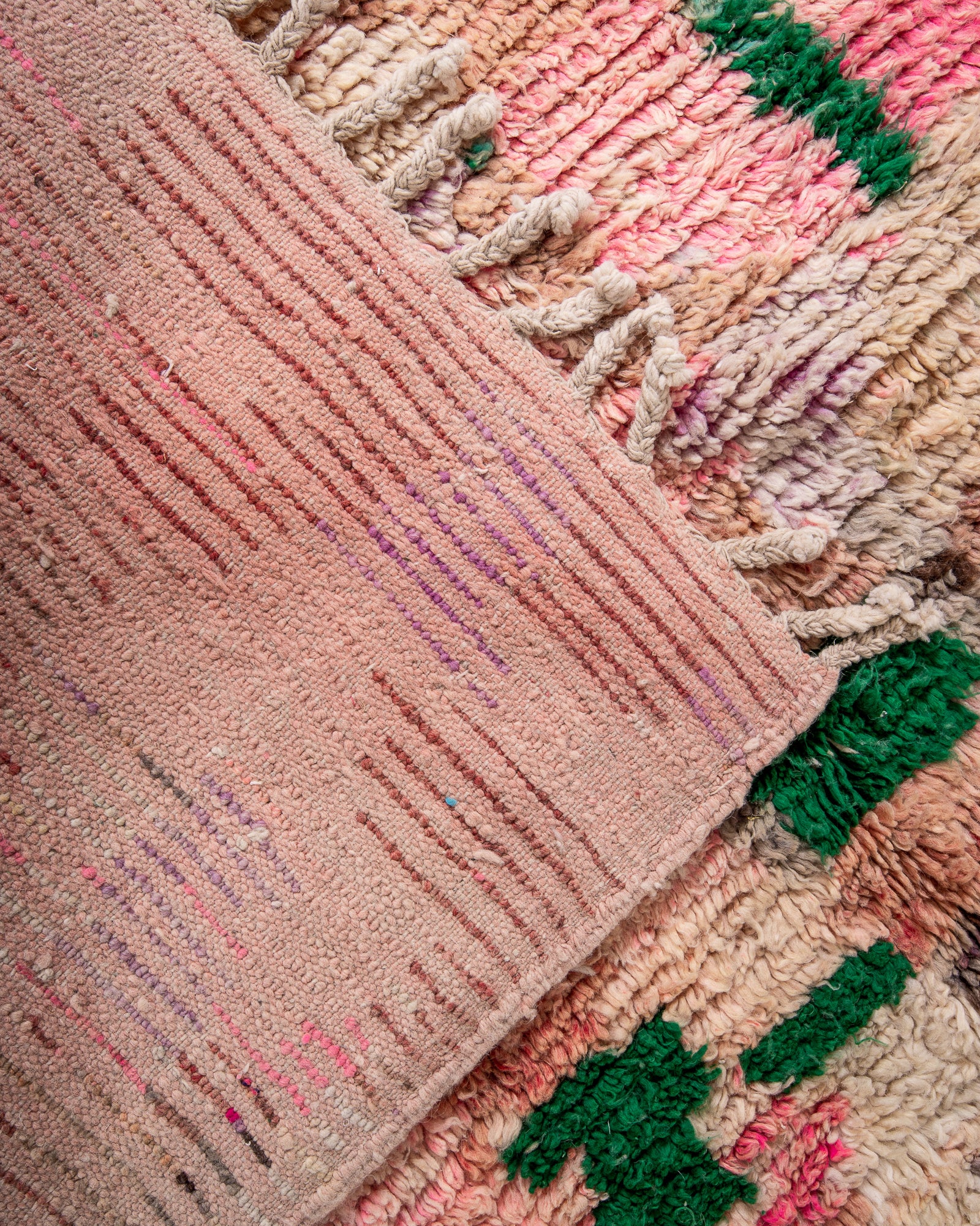 Modern, designer, handcrafted Berber rug from Morocco. Vintage carpet with beautiful colours and patterns and fluffy texture.