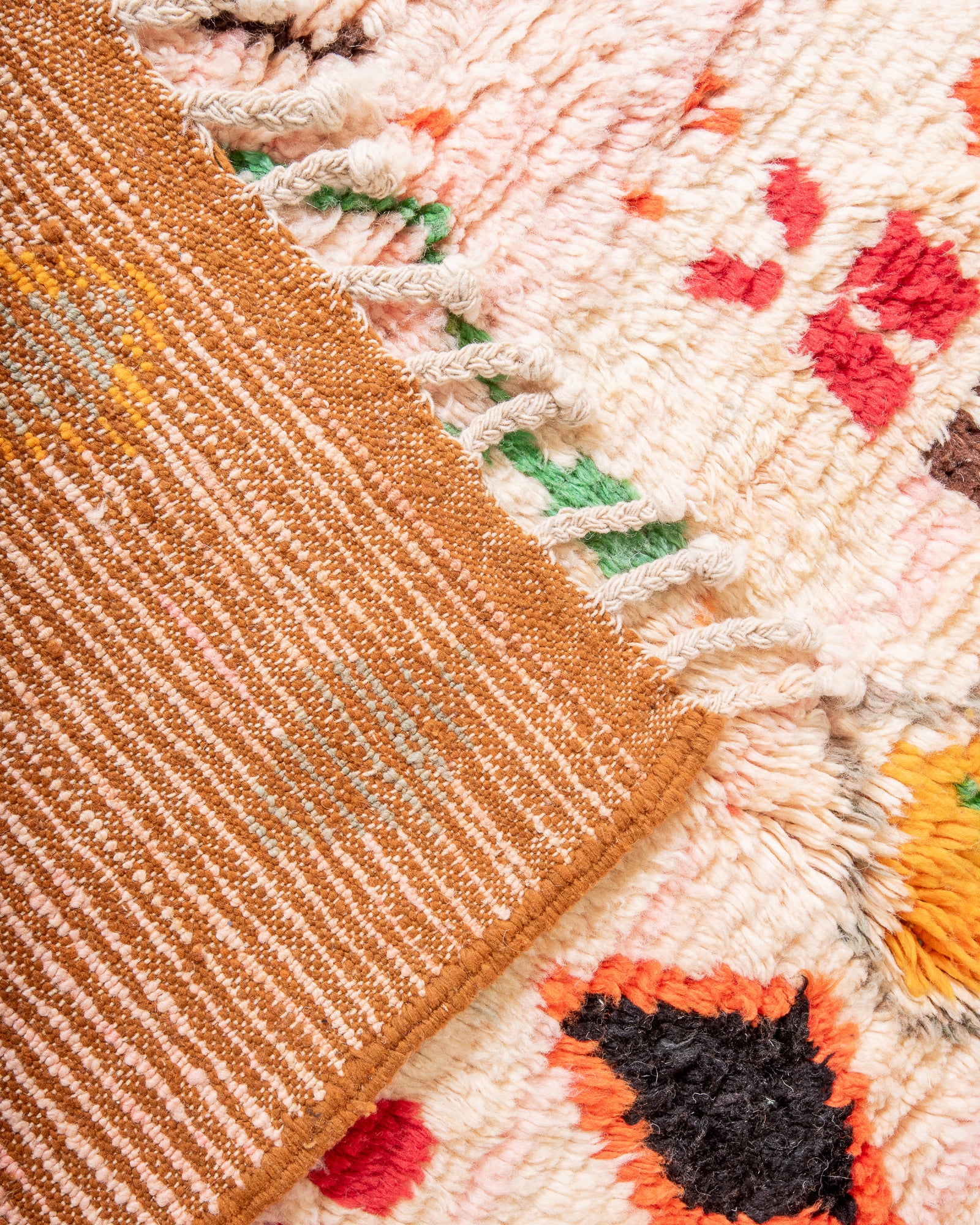 Modern, designer, handcrafted Berber rug from Morocco. Vintage carpet with beautiful colours and patterns and fluffy wool texture.