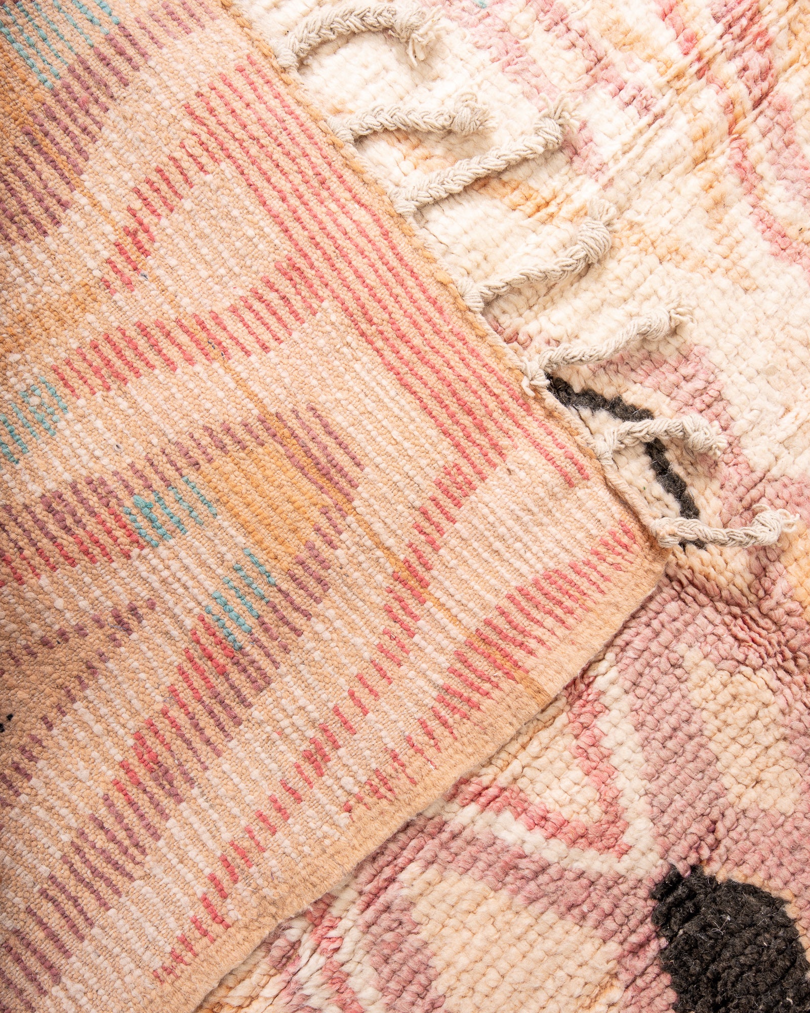 Modern, designer, handcrafted Berber rug from Morocco. Vintage carpet with beautiful colours and patterns and fluffy texture.